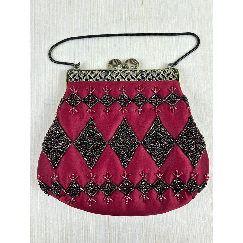 Preston & York Clamshell Clutch‎ Purse Fringe Red Beaded Bag